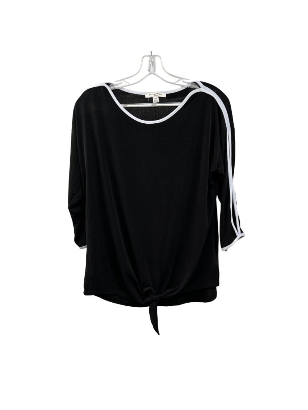 Studio Works Womens Pullover Top Black/Silver 3/4 Sleeve Tie Hem Size PM New